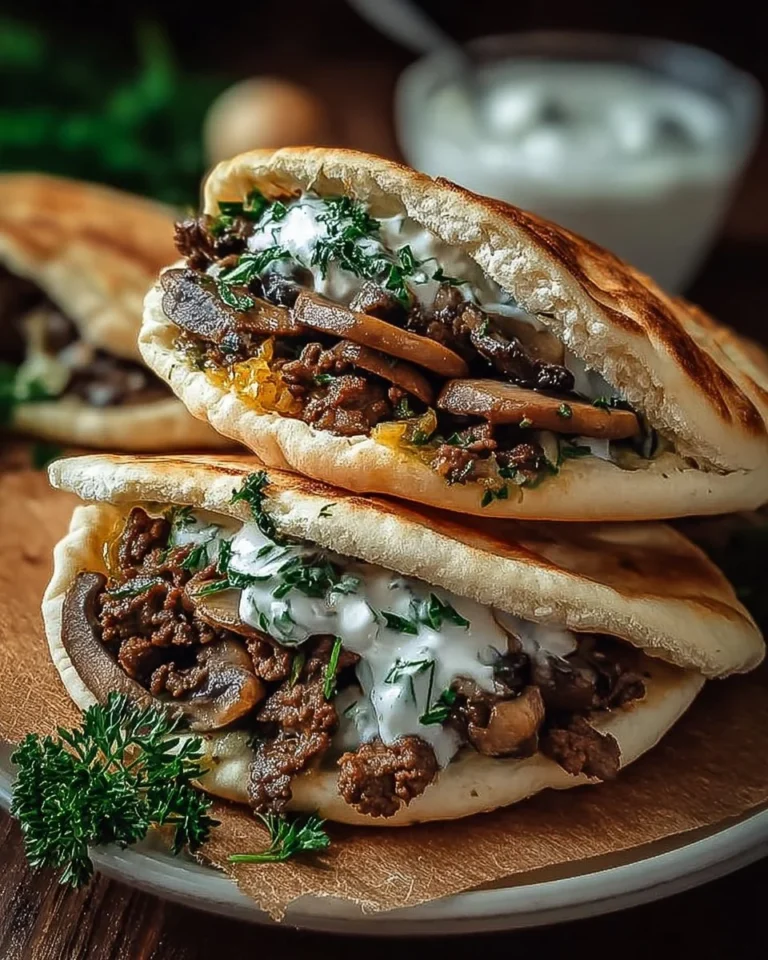Cheesy beef and mushroom pita pockets served with tzatziki sauce.