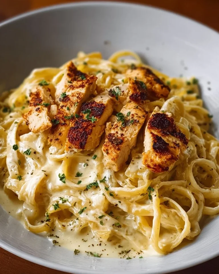 Creamy Chicken Alfredo pasta dish garnished with parsley