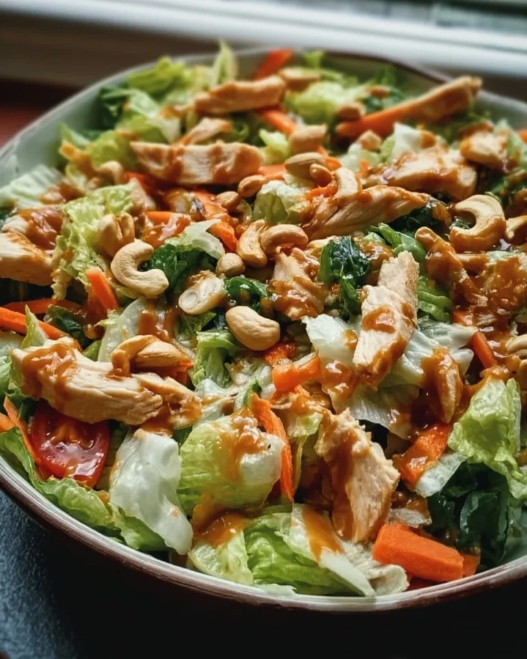 Delicious Chicken Cashew Crunch Salad with fresh vegetables and nuts