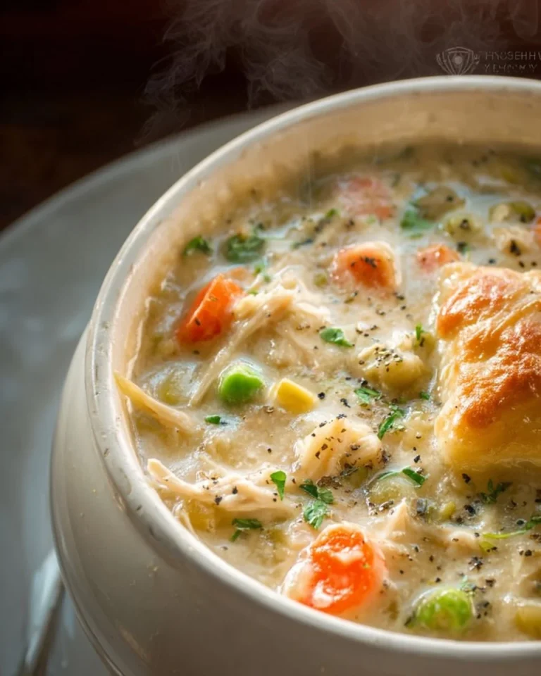 Delicious Chicken Pot Pie Soup served in a bowl with fresh herbs.