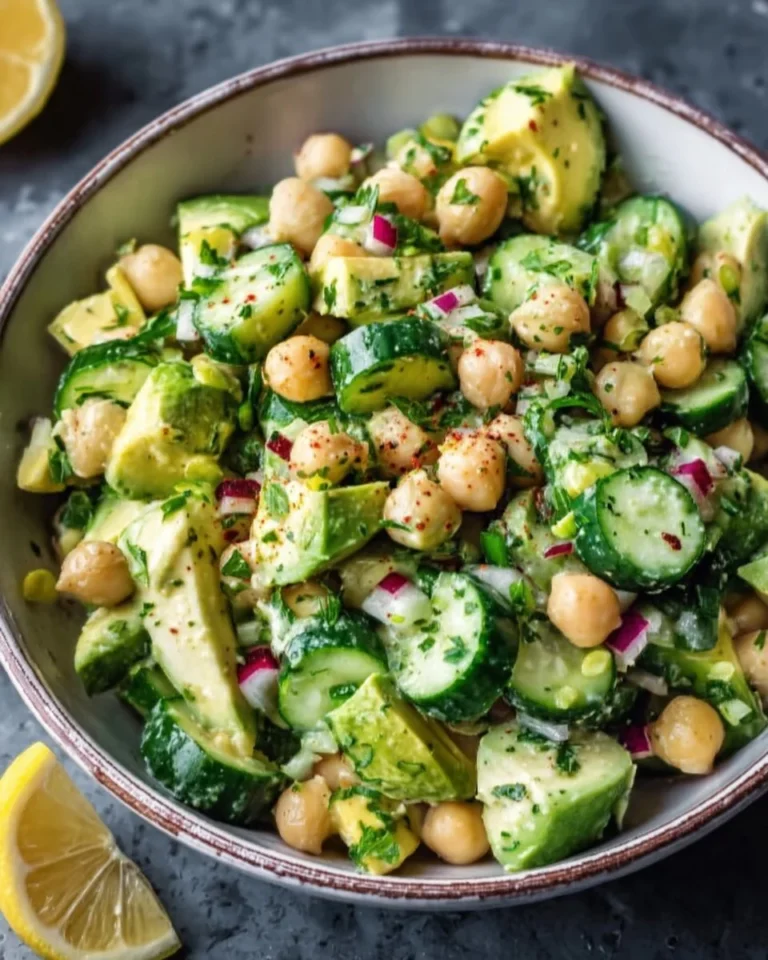 Chickpea avocado cucumber salad with lemon dressing in a bowl