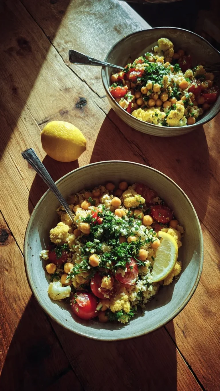 Chickpea, Cauliflower and Tabbouleh Nourish Bowl filled with fresh ingredients.