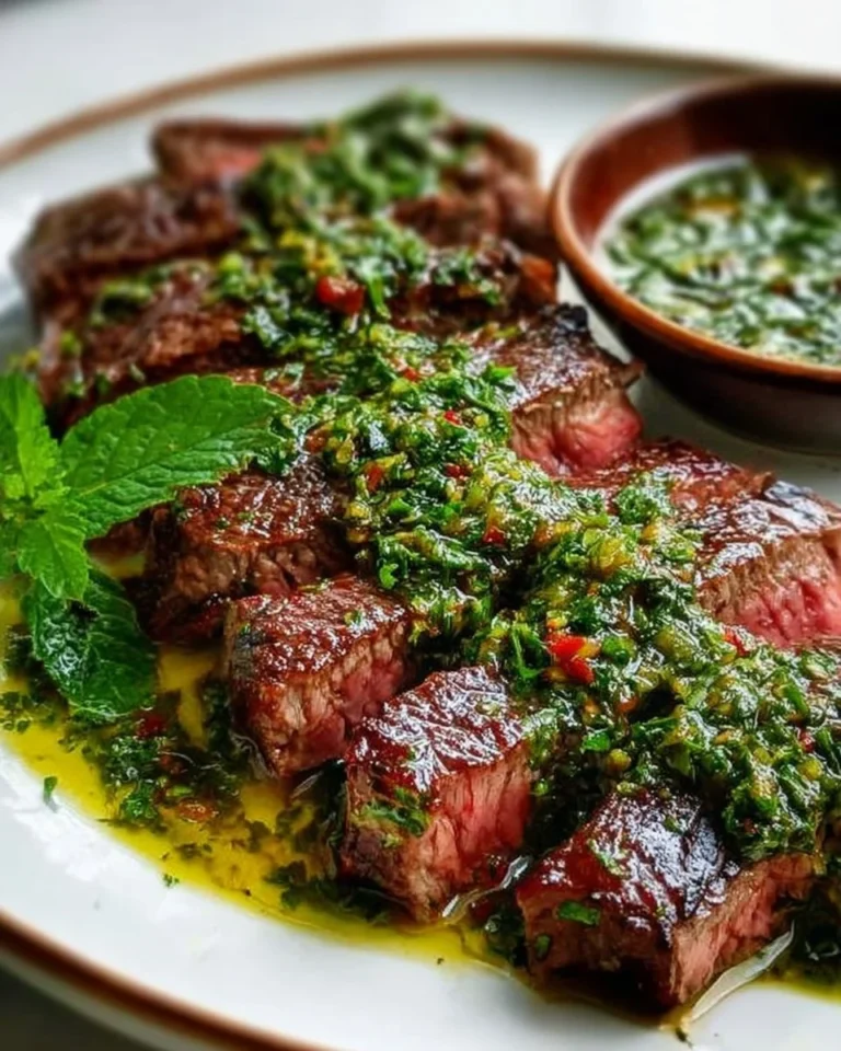 Juicy chimichurri steak garnished with fresh herbs and served on a plate