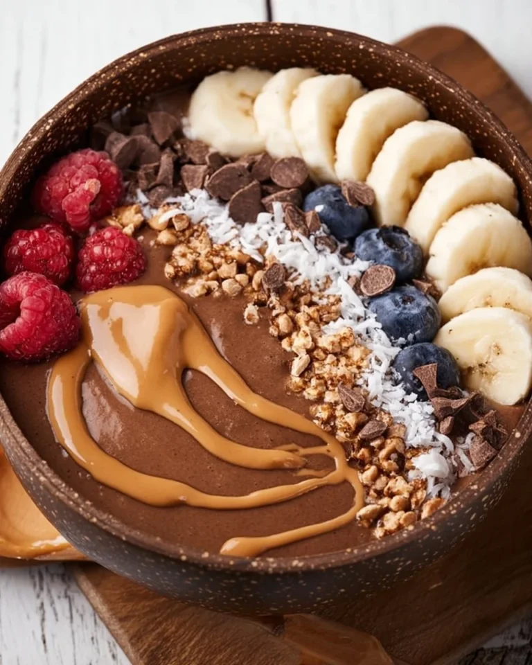 Nutritious Chocolate Peanut Butter Smoothie Bowl topped with banana and granola
