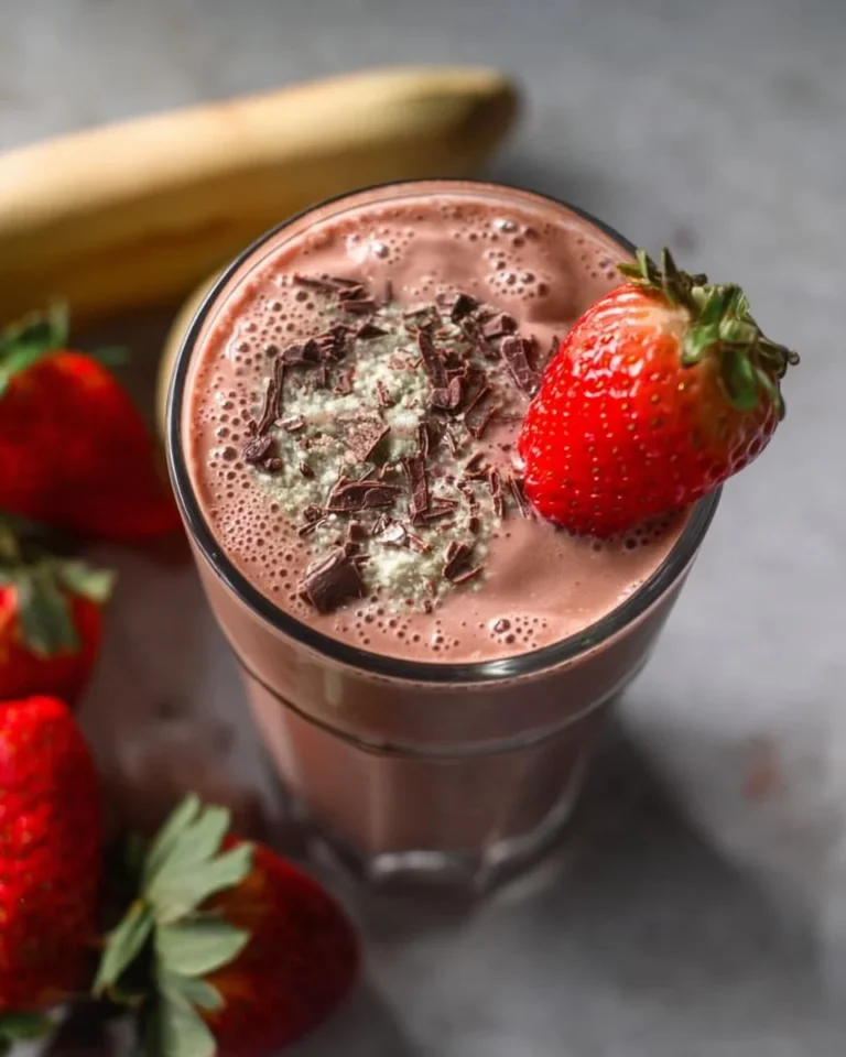 Delicious Chocolate Strawberry Banana Smoothie in a glass with fresh fruits