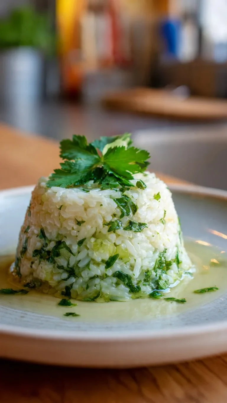 Cilantro rice garnished with fresh cilantro and lime