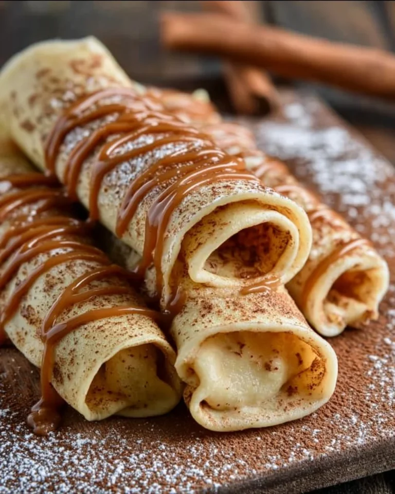 Cinnamon roll protein crepes topped with icing and cinnamon sprinkles.
