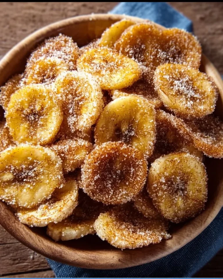 Cinnamon-sugar air fryer banana chips served in a bowl
