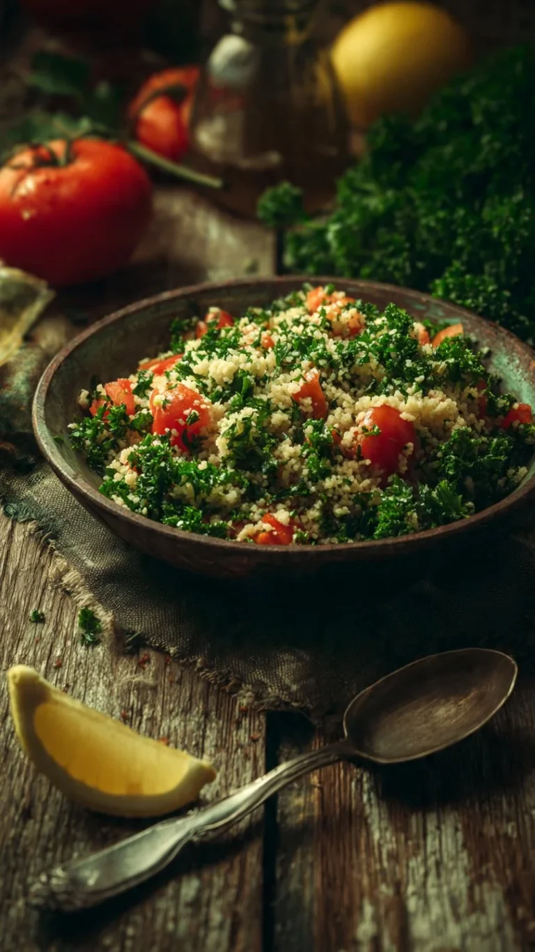 Fresh Tabbouleh salad with parsley, tomatoes, and bulgur wheat
