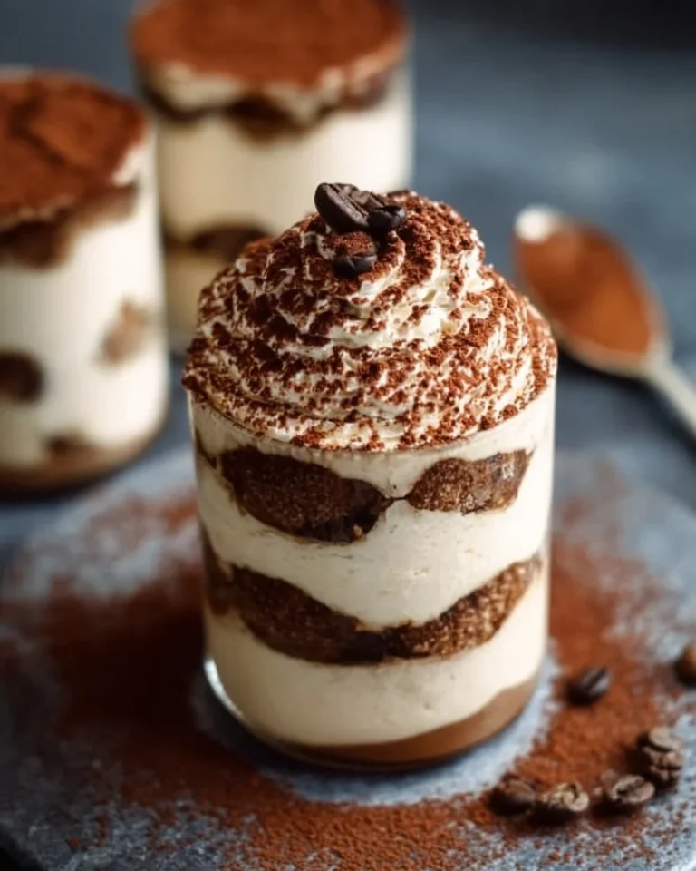 Delicious Coffee Protein Tiramisu Cups served in elegant glassware