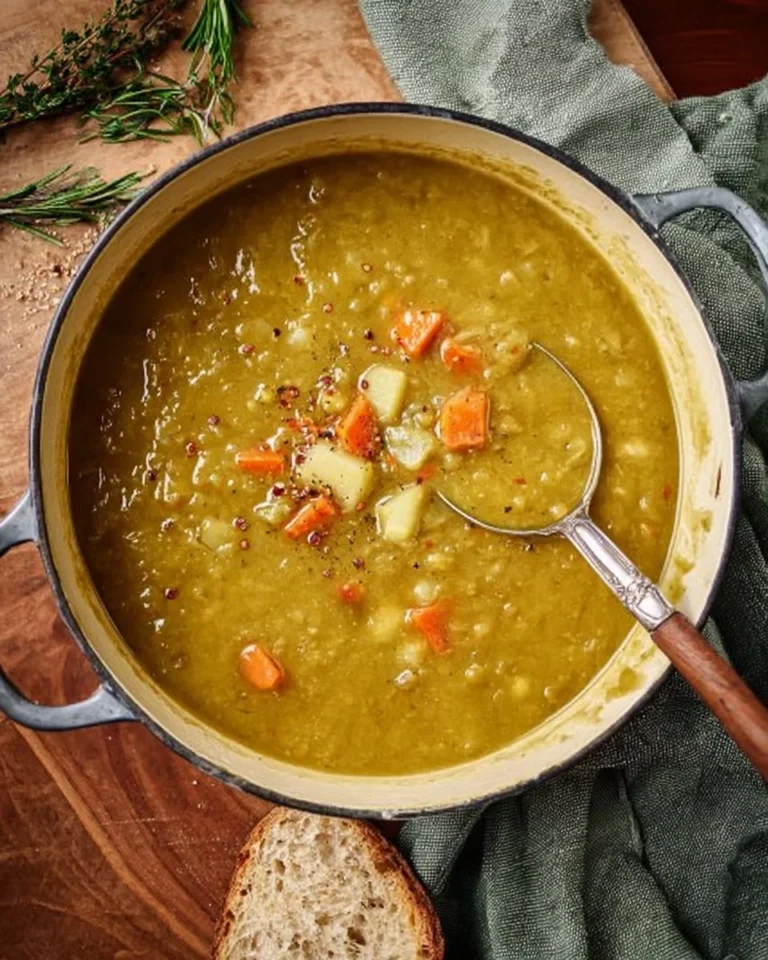 Bowl of comforting classic split pea soup with fresh herbs and rustic bread
