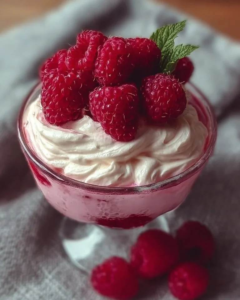 Cottage cheese raspberry mousse served in a clear glass
