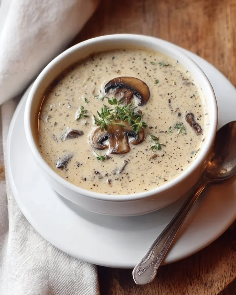 Delicious creamy mushroom soup in a bowl, garnished with fresh herbs.