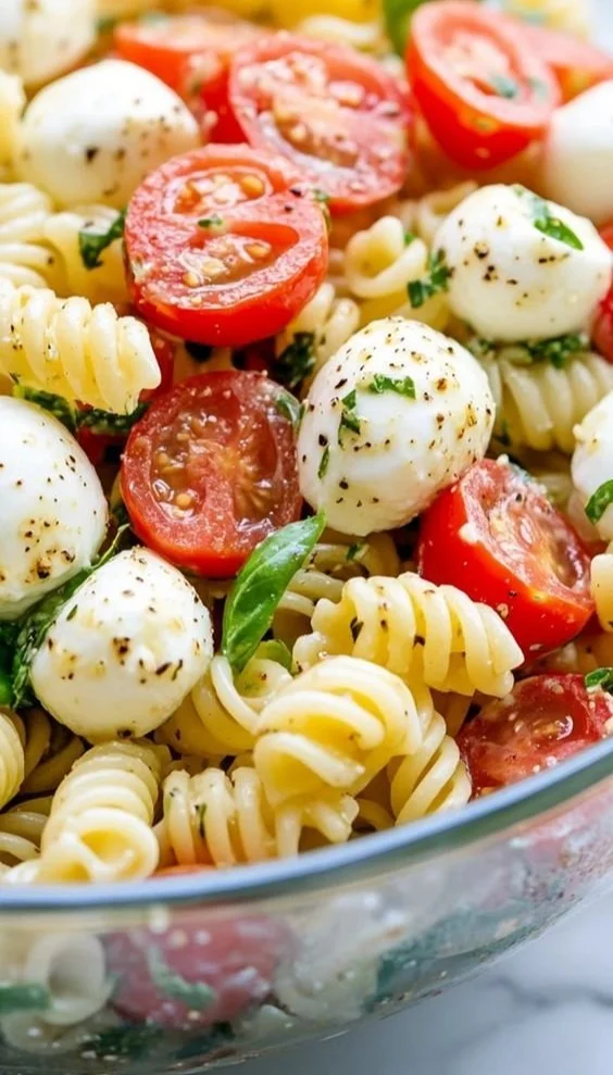 Creamy Caprese pasta salad with cherry tomatoes, mozzarella, and basil.