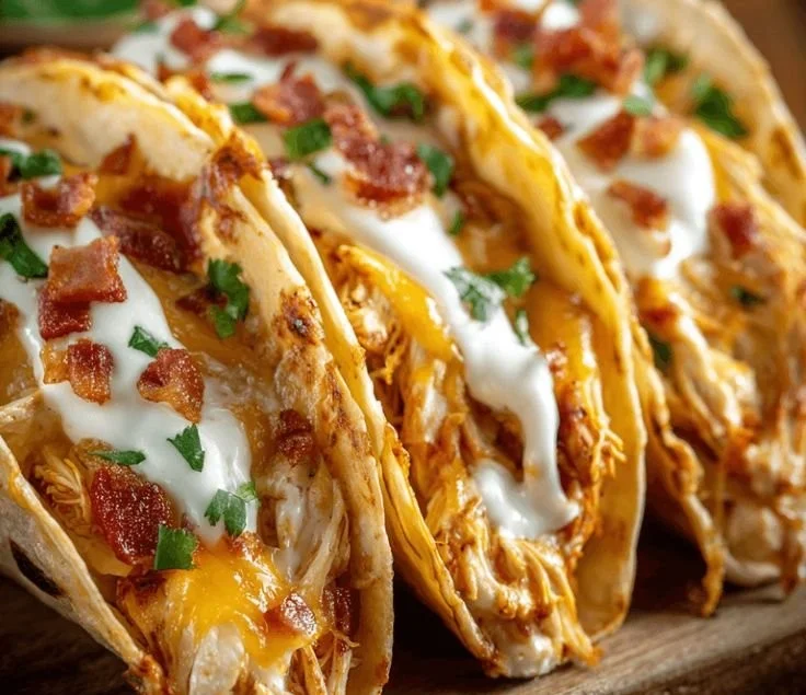 Creamy cheddar ranch chicken tacos served with fresh toppings on a platter.