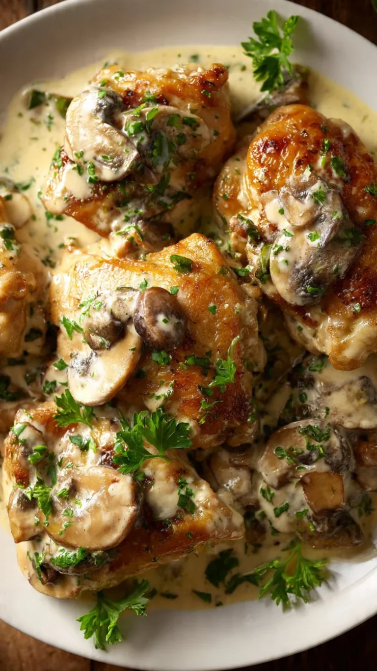 Creamy garlic mushroom chicken thighs served on a plate with herbs and spices.