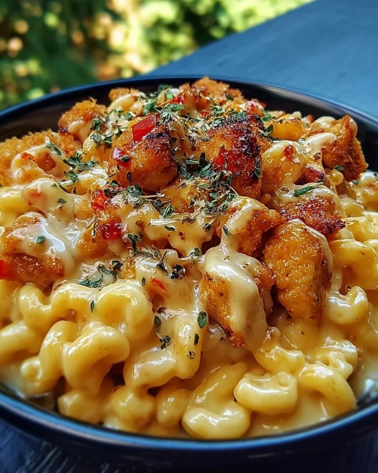 Creamy honey pepper chicken mac and cheese in a bowl garnished with herbs.