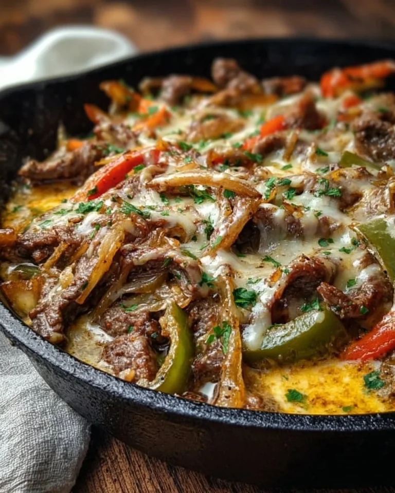 Creamy keto cheesesteak skillet prepared in a pan for a low-carb dinner