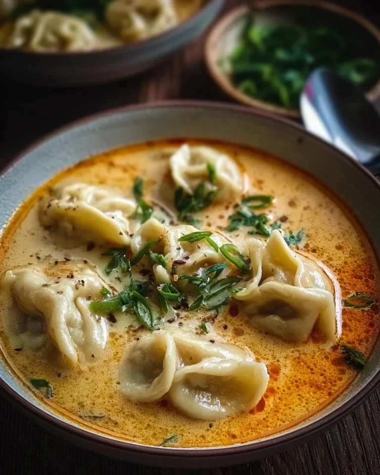 Creamy Thai Dumpling Soup served in a bowl with fresh herbs and spices