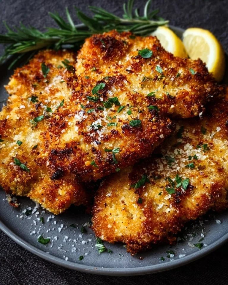Crispy air fryer parmesan crusted chicken served on a plate with herbs.