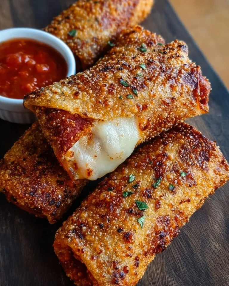 Crispy air fryer pizza egg rolls plated with dipping sauce