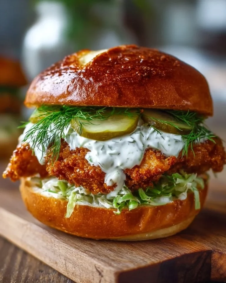 Delicious crispy dill chicken sandwich with fresh ingredients and crispy coating.