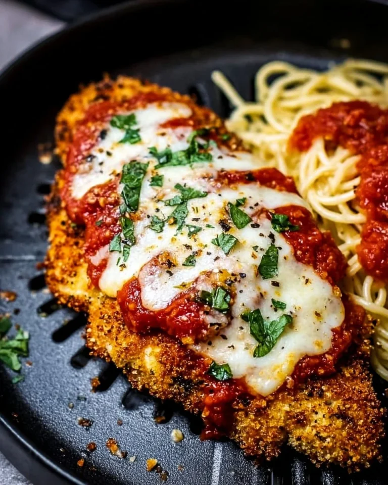 Crispy Healthy Chicken Parmesan made in an air fryer, garnished with herbs.