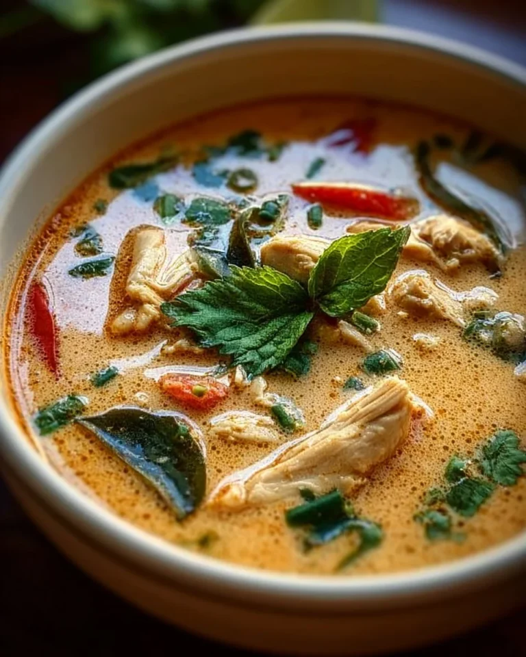 A bowl of delicious Crockpot Thai Coconut Chicken Soup garnished with fresh herbs.