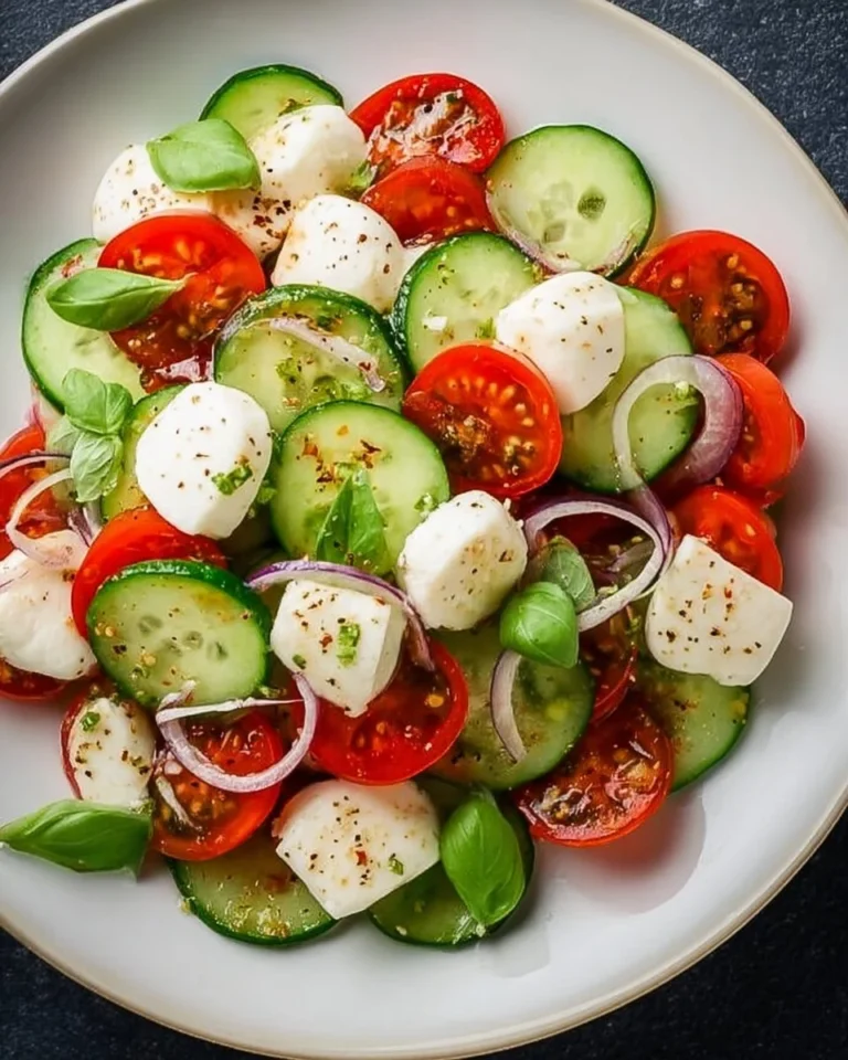 A vibrant Cucumber Caprese Salad featuring fresh cucumbers, tomatoes, mozzarella, and basil.