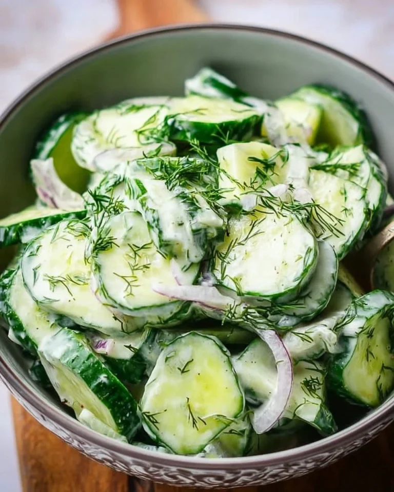Cucumber dill salad in a bowl topped with fresh dill and olive oil dressing.