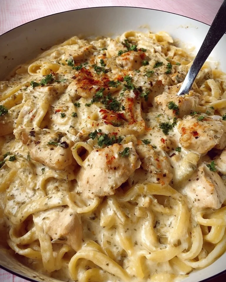 Delicious dairy free chicken alfredo pasta topped with fresh herbs