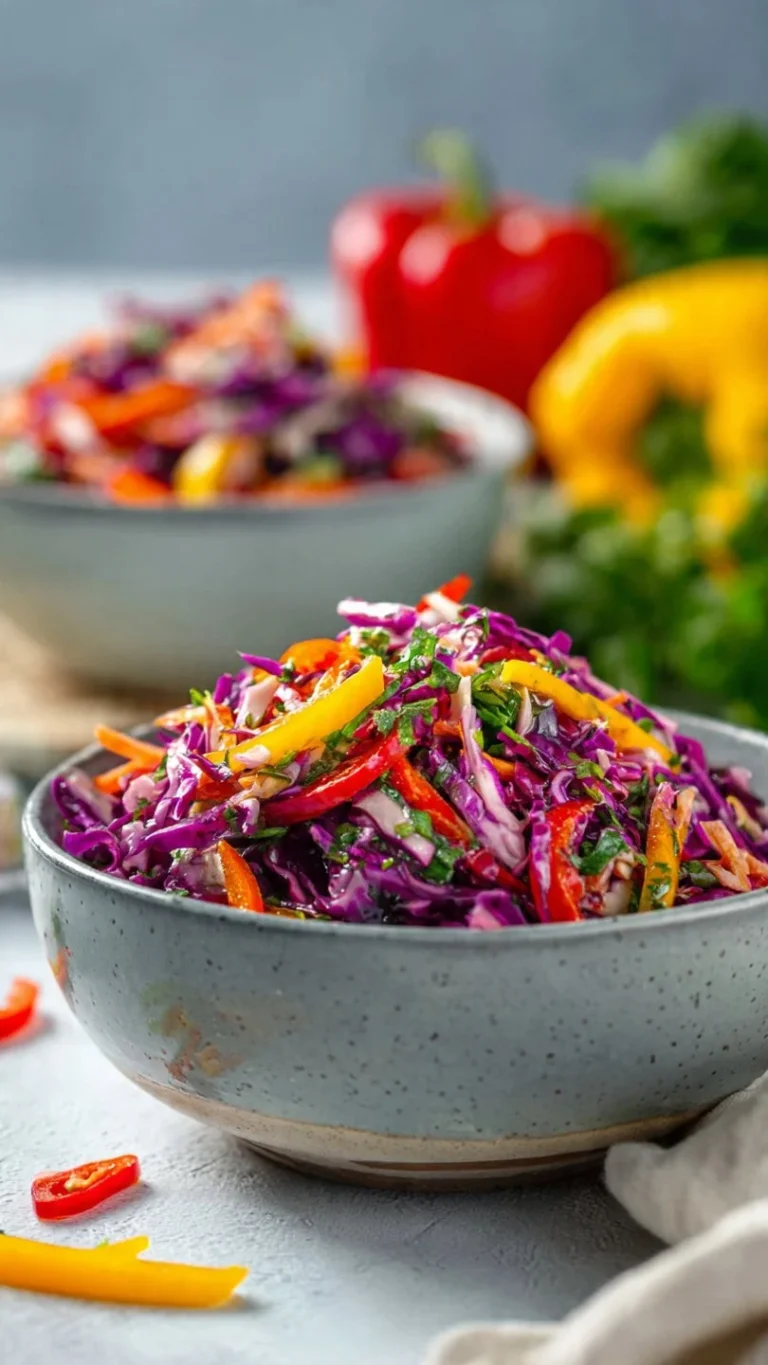 Bowl of dairy-free Mexican coleslaw with colorful vegetables and lime dressing.
