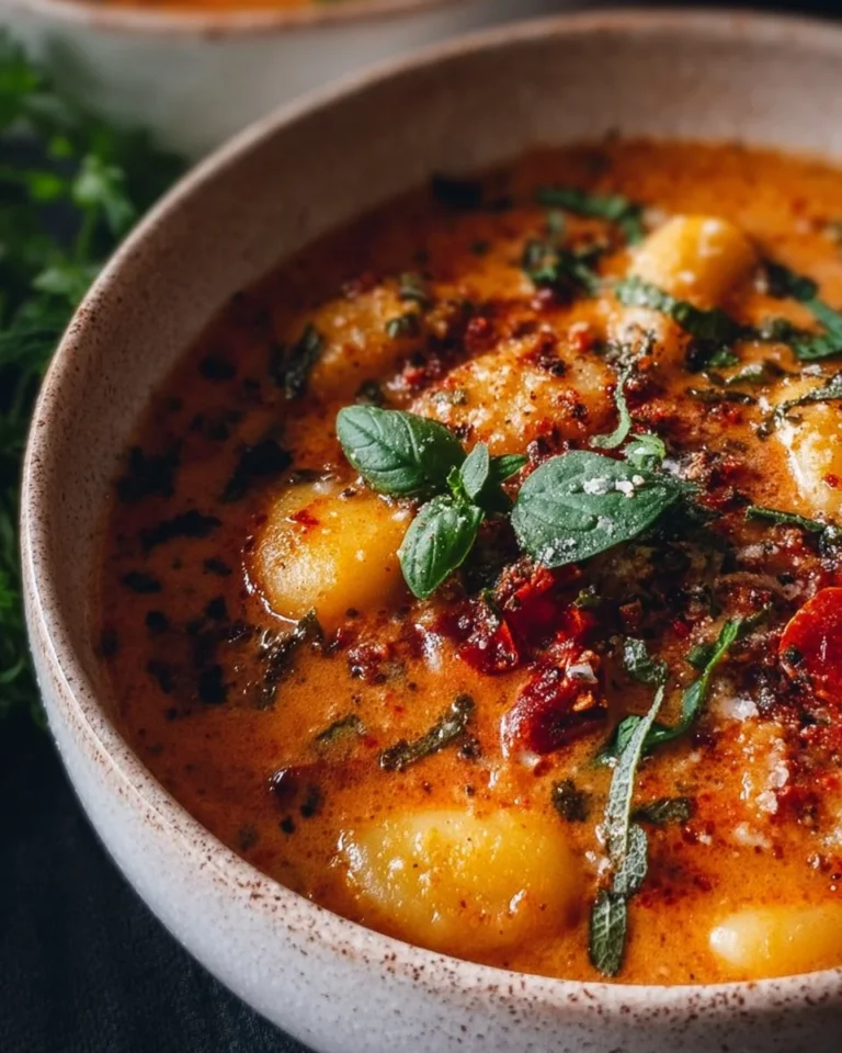 Bowl of Dairy-Free Sun Dried Tomato Gnocchi Soup with fresh herbs