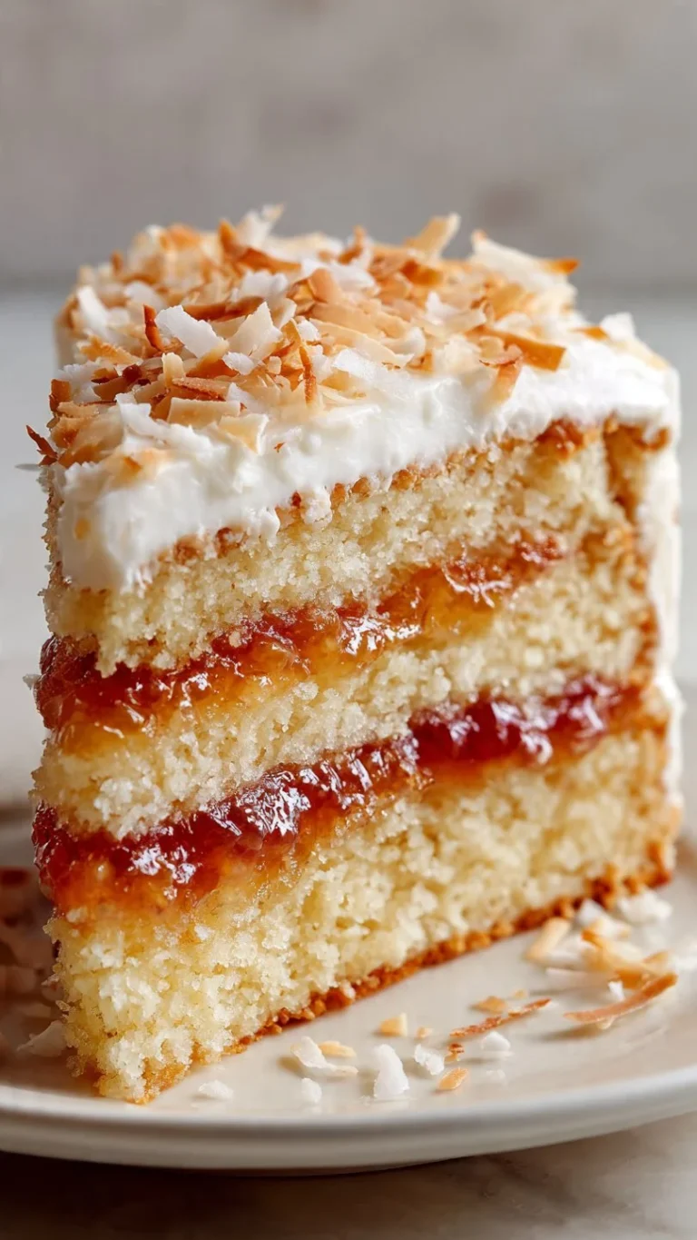 Slice of decadent Hawaiian Guava Cake topped with guava and whipped cream