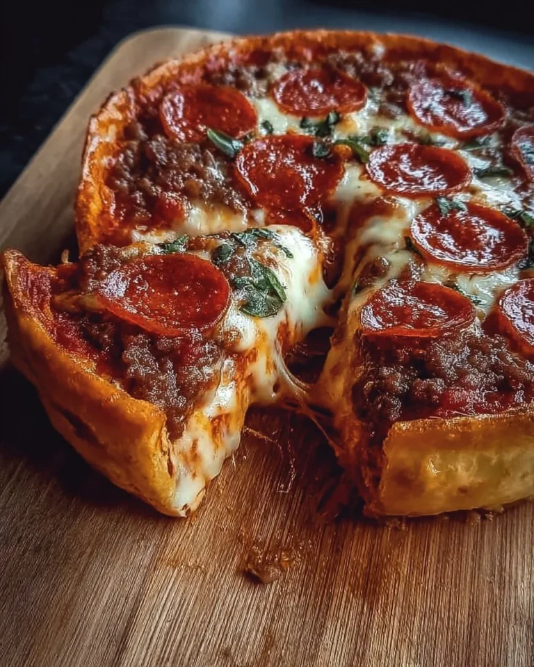 Slice of deep-dish pizza topped with cheese and fresh ingredients