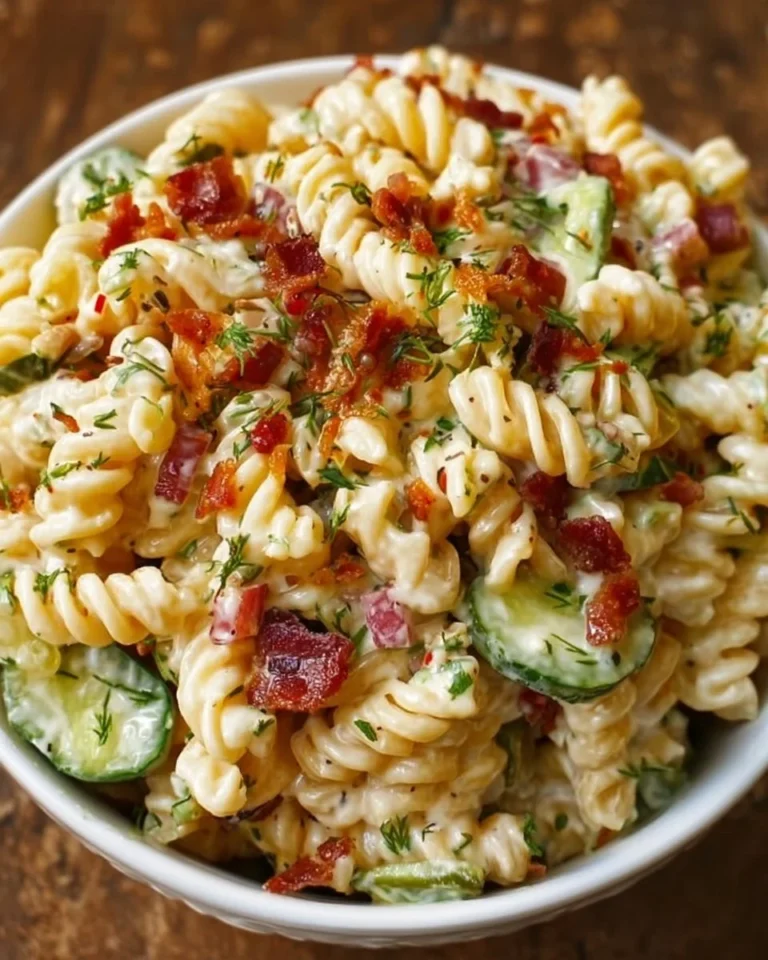 Dill Pickle Bacon Pasta Salad garnished with fresh herbs in a bowl