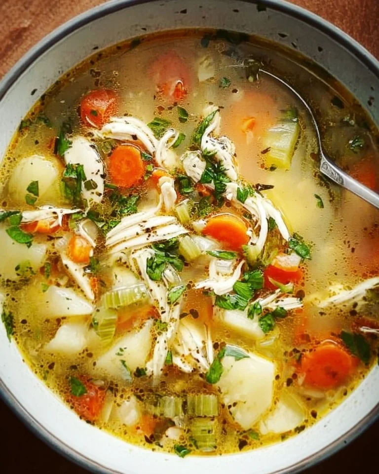 Bowl of easy and healthy homemade chicken soup filled with vegetables and herbs.