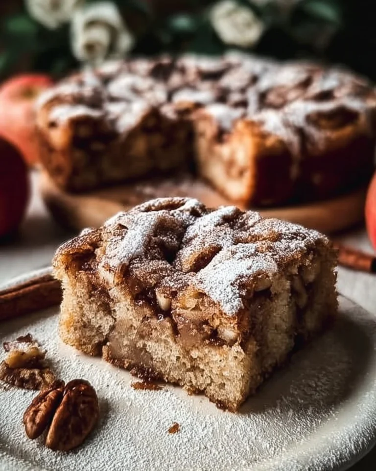 Delicious slice of easy cinnamon apple cake topped with cinnamon and apples