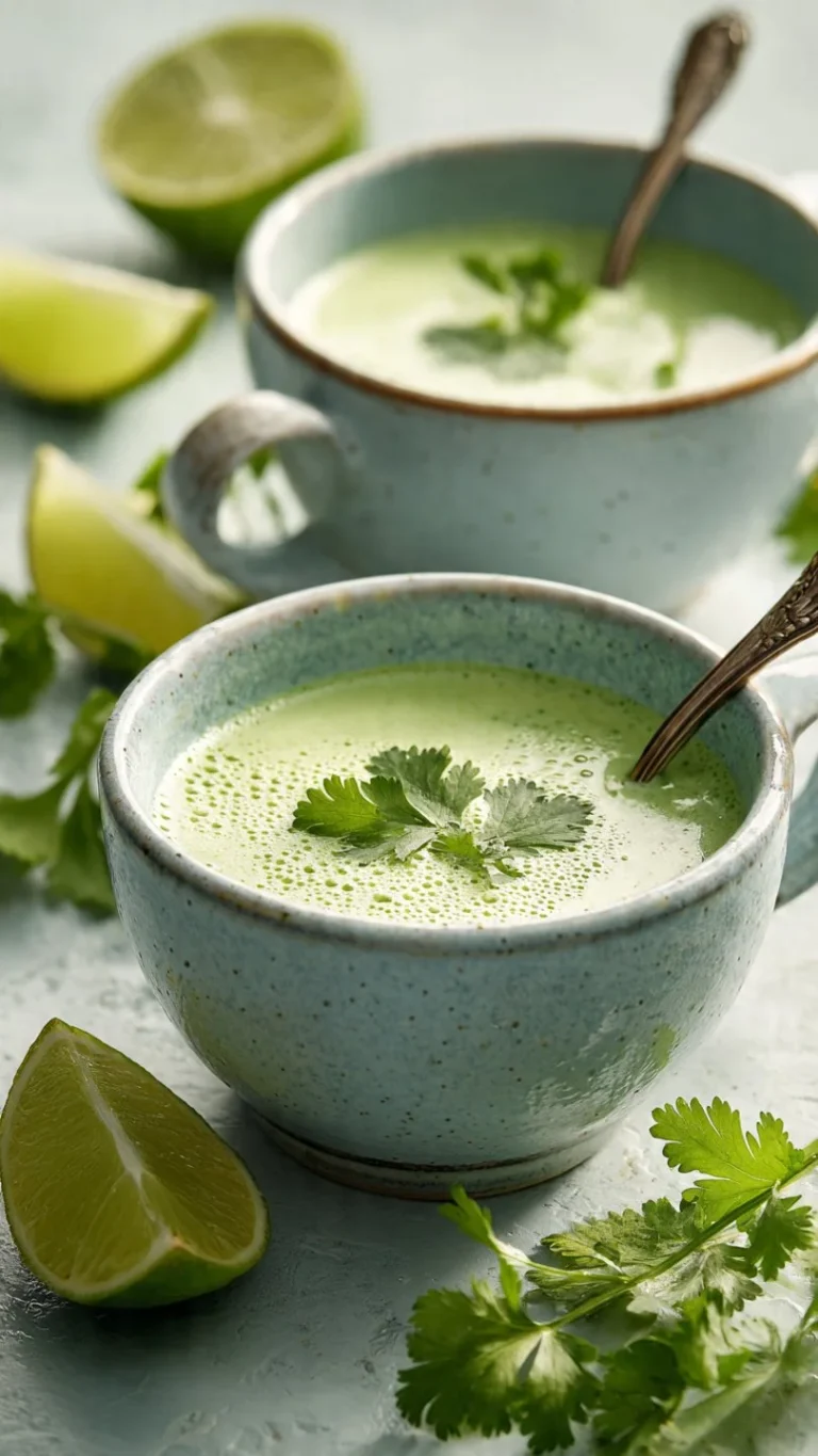 Creamy cilantro garlic sauce in a bowl with fresh cilantro and garlic cloves.