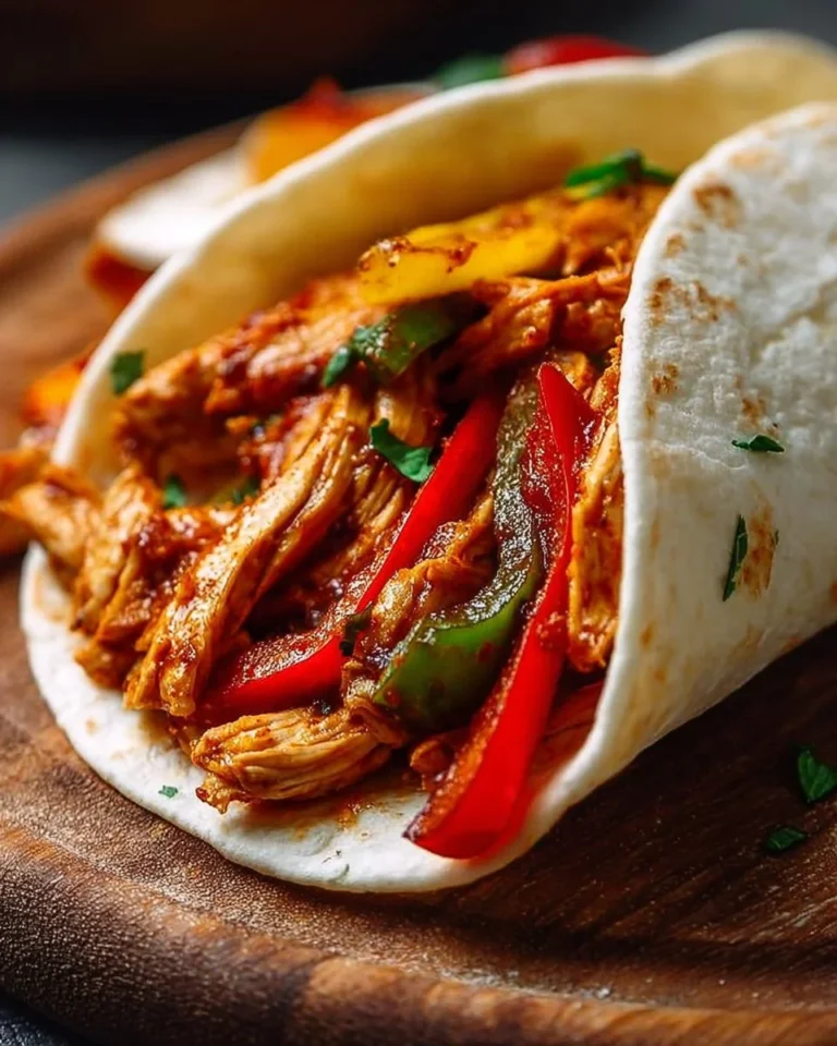 Deliciously cooked Crockpot Chicken Fajitas served with colorful peppers.