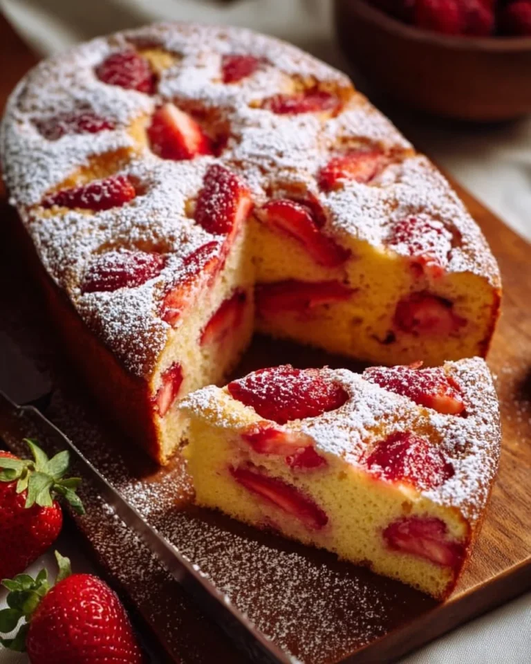 Slice of easy and healthy strawberry yogurt cake topped with fresh strawberries.