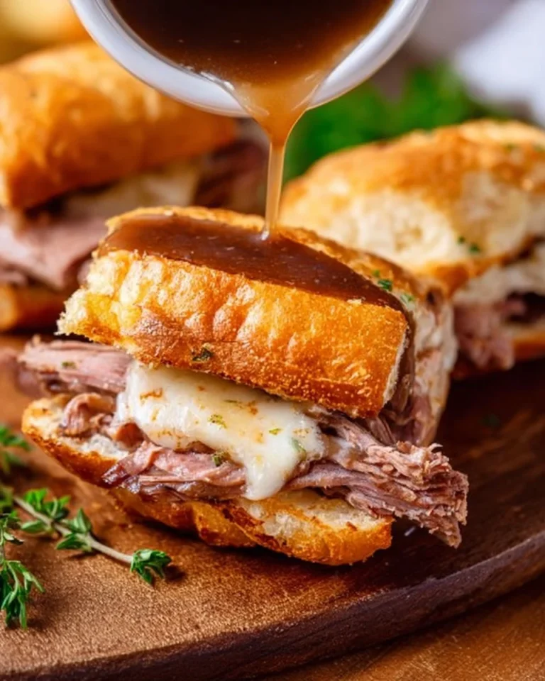 Delicious French Dip Sliders served with dipping sauce on a platter.