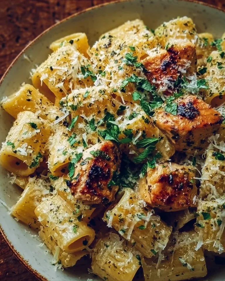 Garlic Butter Chicken served with Rigatoni and topped with Parmesan cheese.