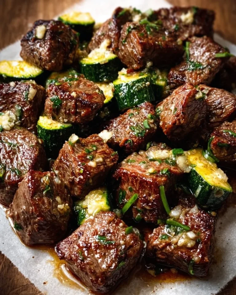 Delicious garlic butter steak bites served on a plate with herbs