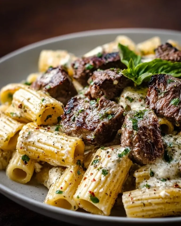 Creamy Garlic Butter Steak Rigatoni with fresh herbs and steak pieces