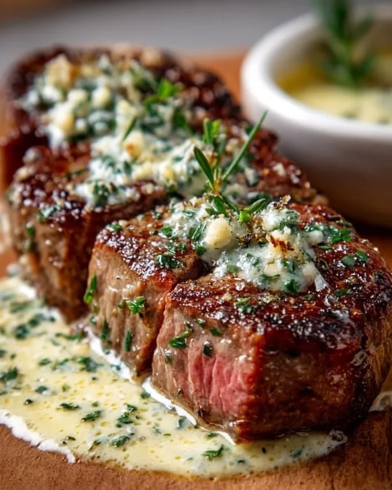 Delicious Garlic Butter Steak topped with creamy Parmesan sauce on a plate