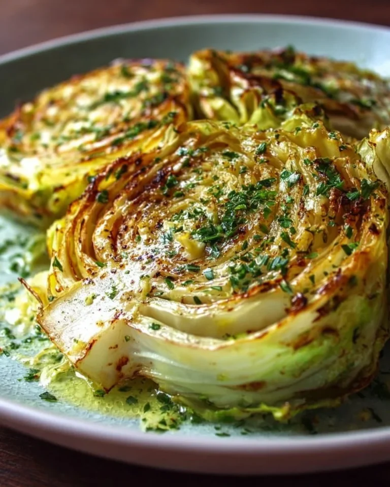 Flavorful garlic cabbage steaks topped with herb butter, a healthy side dish.