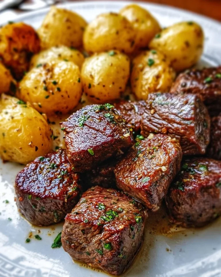 Garlic steak bites served with crispy potatoes