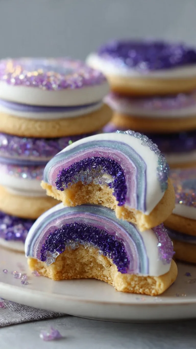 Beautifully decorated geode cookies inspired by natural crystals and gems