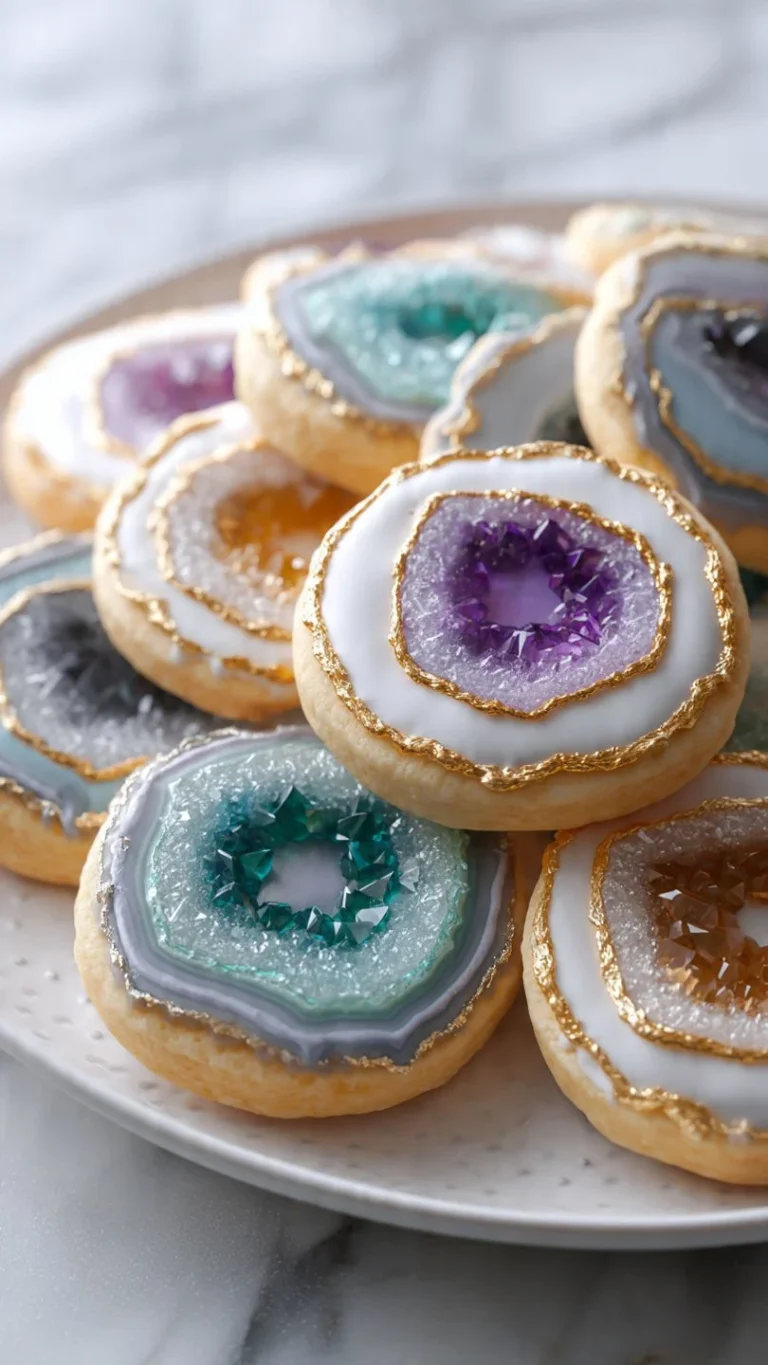 Geode sugar cookies decorated in vibrant colors resembling natural geodes.